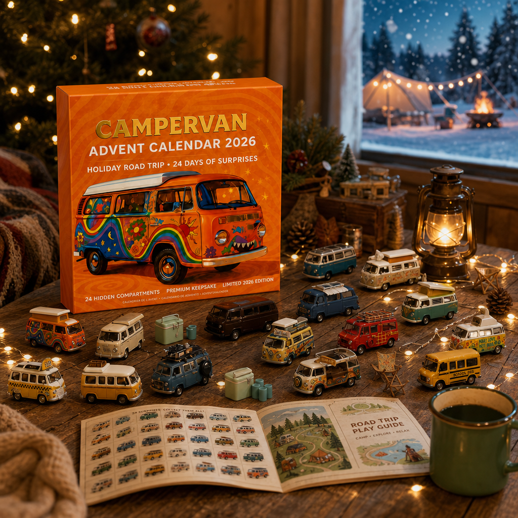 Adventskalender mit Campingbussen für Kinder 2026 — 24 Retro-Busse