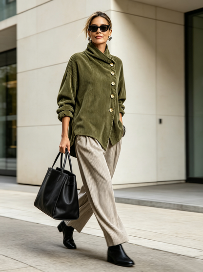 Asymmetrische Samt-Stehkragenbluse mit Knöpfen – Olive