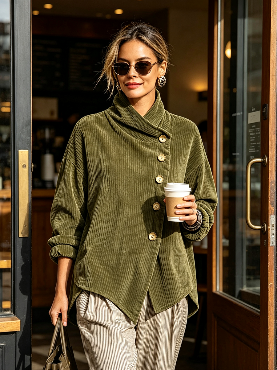 Asymmetrische Samt-Stehkragenbluse mit Knöpfen – Olive
