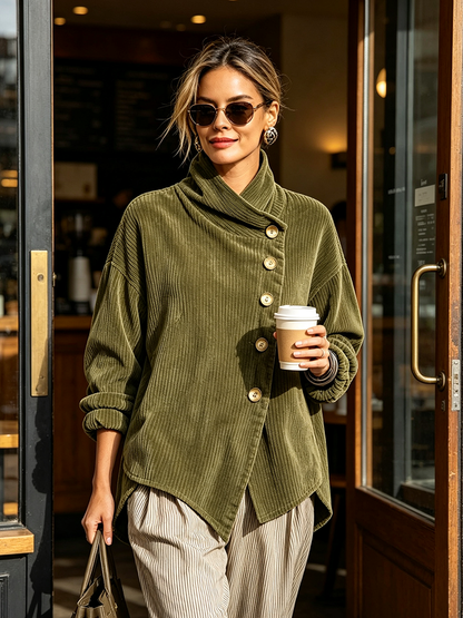 Asymmetrische Samt-Stehkragenbluse mit Knöpfen – Olive