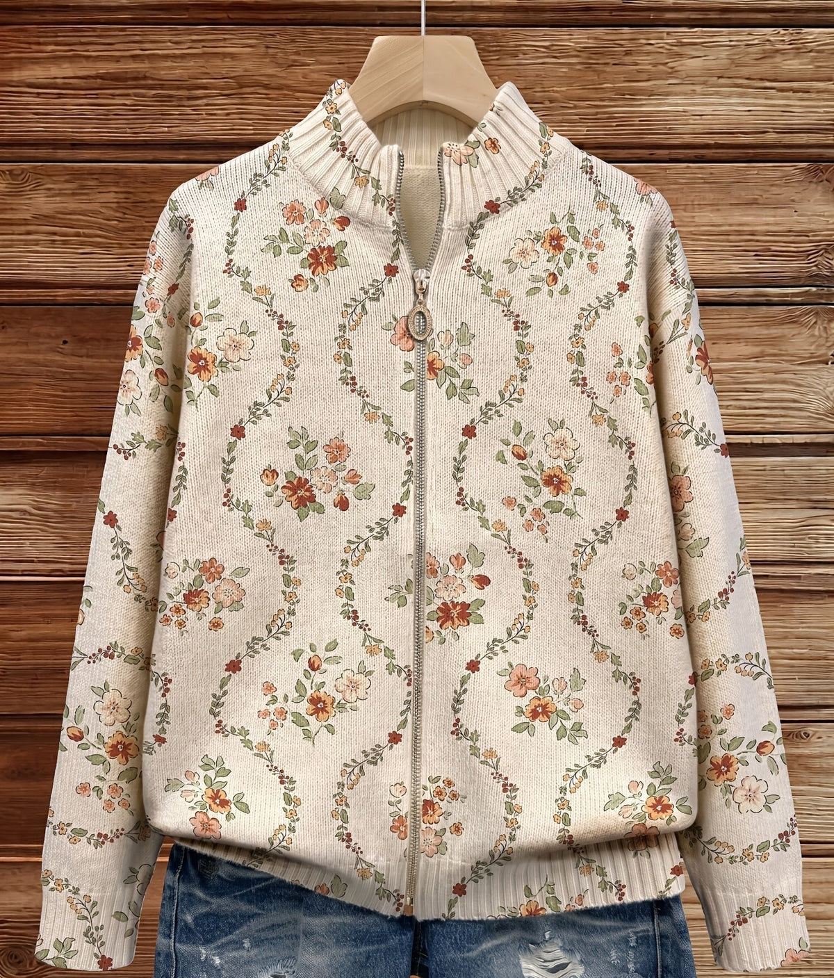 Reißverschluss-Strickjacke mit Cremefarbenen Blüten