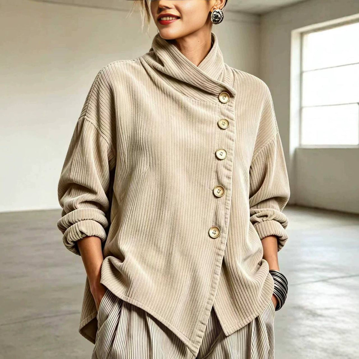 Asymmetrische Samt-Stehkragenbluse mit Knöpfen – Sand