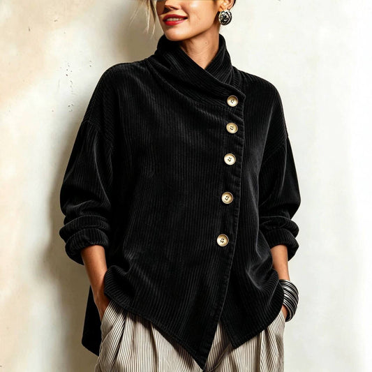 Asymmetrische Samt-Stehkragenbluse mit Knöpfen – Schwarz