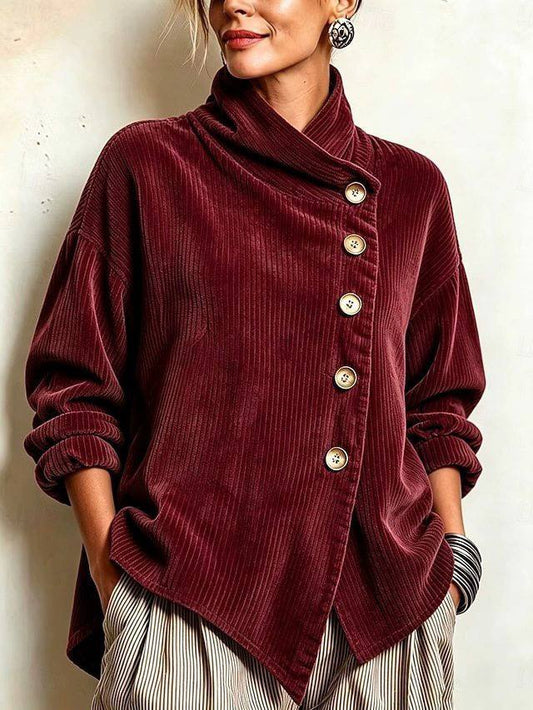 Asymmetrische Samt-Stehkragenbluse mit Knöpfen – Bordeaux