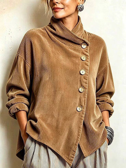 Asymmetrische Samt-Stehkragenbluse mit Knöpfen – Kamel