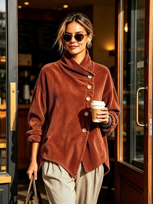 Asymmetrische Samt-Stehkragenbluse mit Knöpfen – Rostbraun
