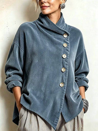 Asymmetrische Samt-Stehkragenbluse mit Knöpfen – Graublau