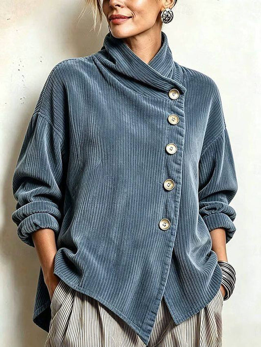 Asymmetrische Samt-Stehkragenbluse mit Knöpfen – Graublau
