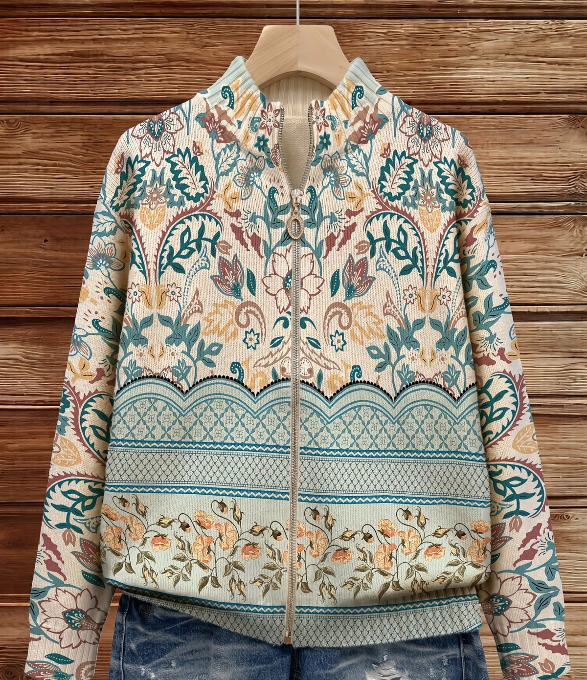 Reißverschluss-Strickjacke im Botanischen Vintage-Look