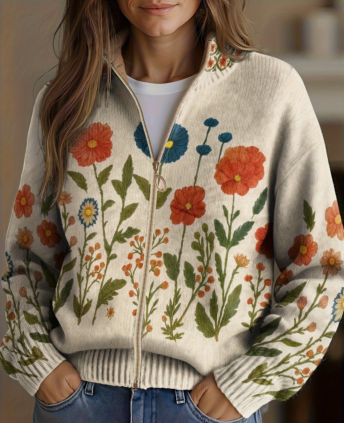 Reißverschluss-Strickjacke mit Wildblumen