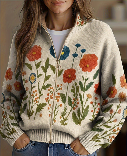 Reißverschluss-Strickjacke mit Wildblumen