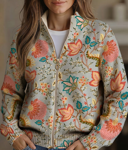 Reißverschluss-Strickjacke mit Vintage-Blumengarten