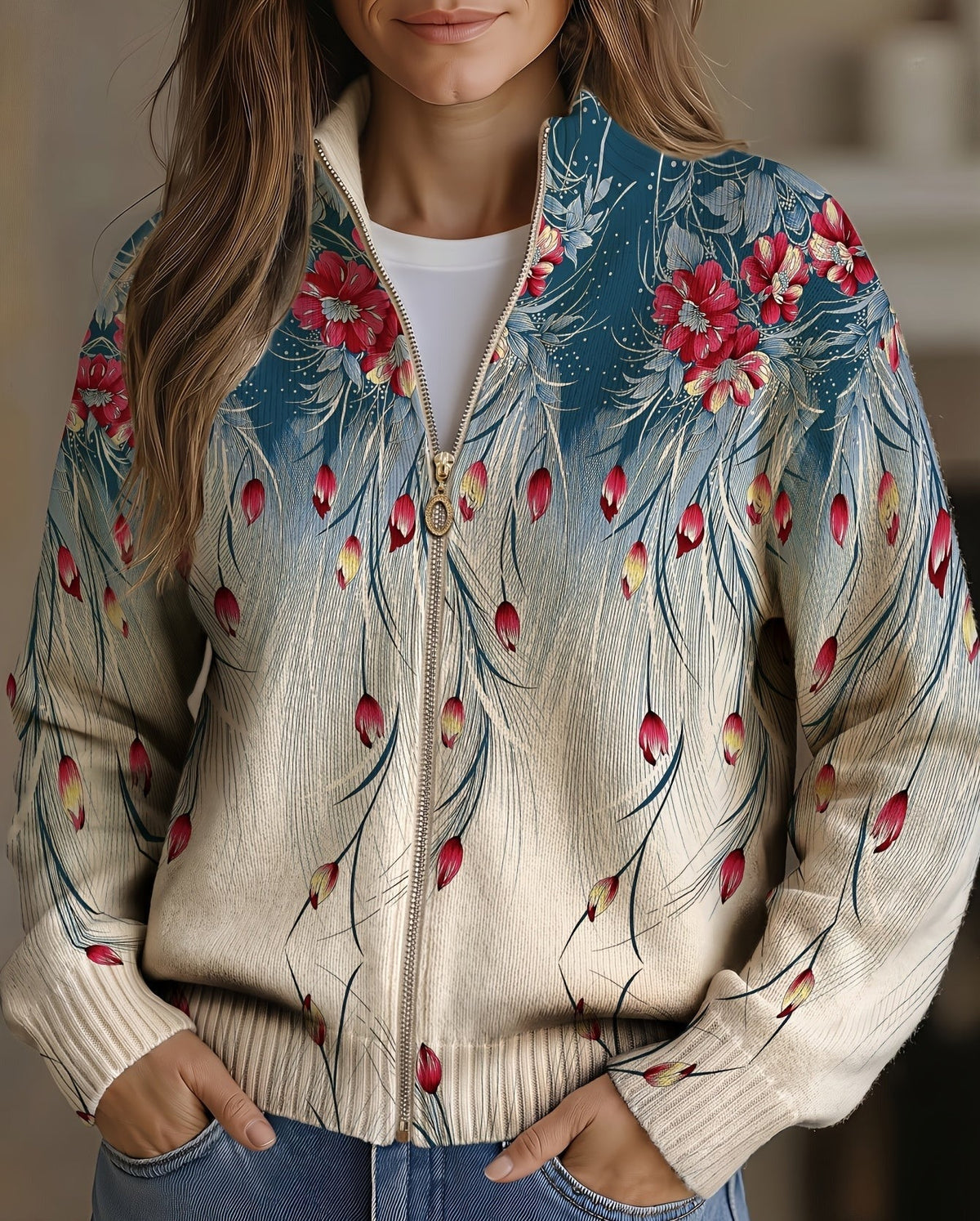 Reißverschluss-Strickjacke mit Pfauenfedern